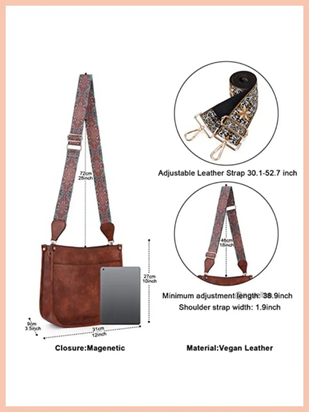 Trendy Vegan Leather Hobo Crossbody Bag with 2 Adjustable Straps
